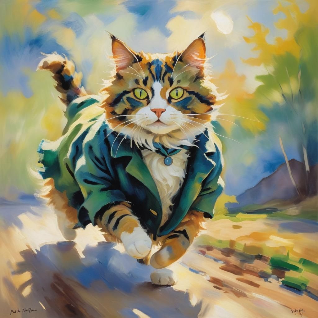 Plush Cat Galloping in Impressionist Style