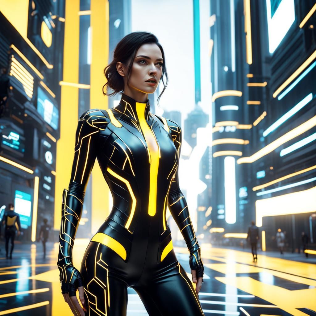 Brunette Woman in TRON style black and yellow glowing bodysuit in computer themed city. 8K resolution Unreal Engine 5 bo...