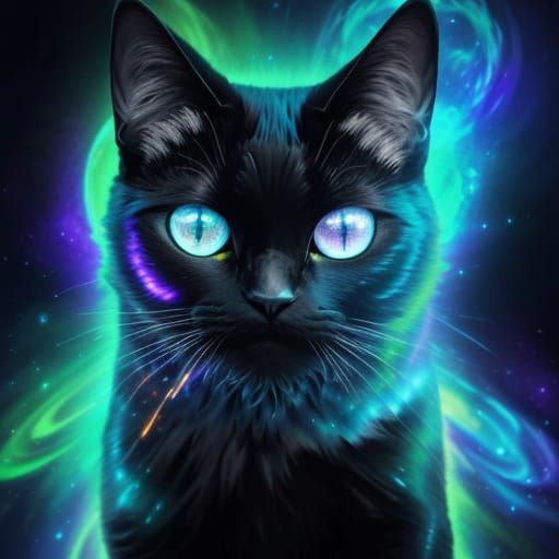 Mystical Black Cat with Third Eye in Cosmic Portal