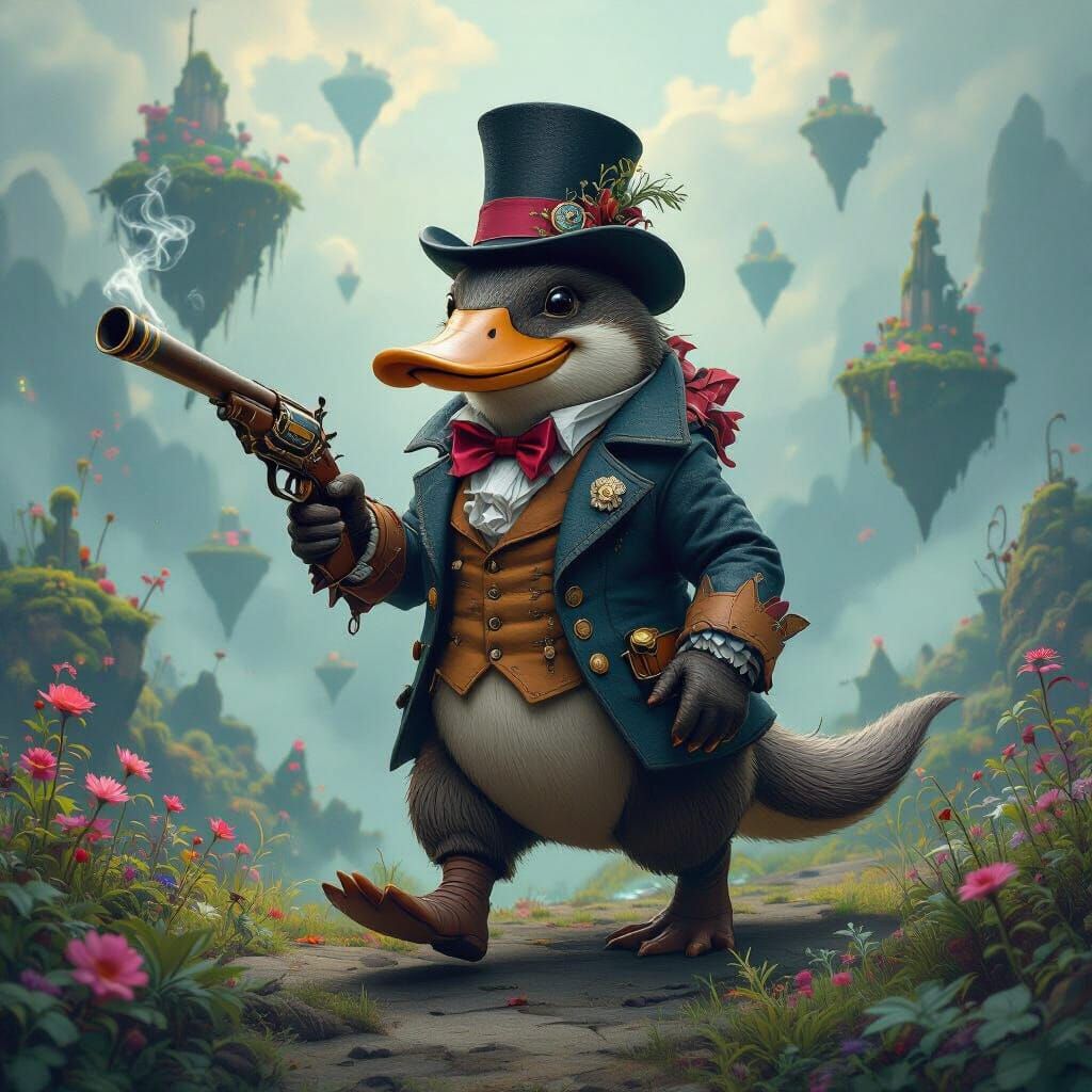 A whimsical platypus hybrid creature with intricately stitch...