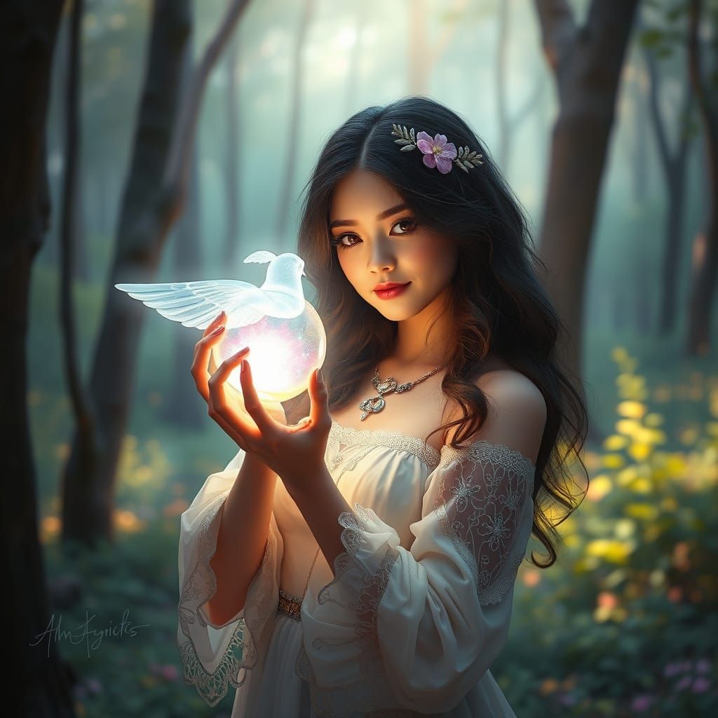 Woman with Angelpotion in Mystical Forest