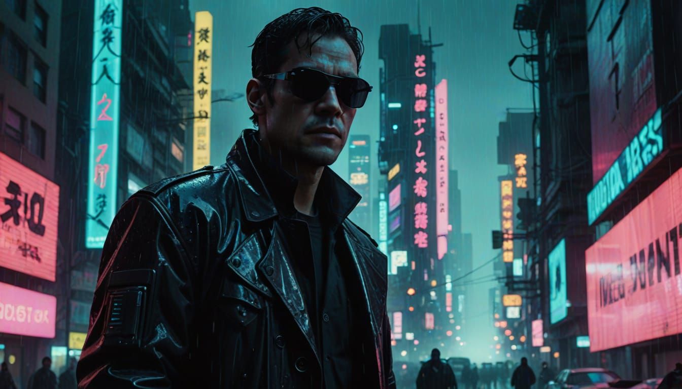 Cyberpunk Agent in Rain-Slicked Neon City