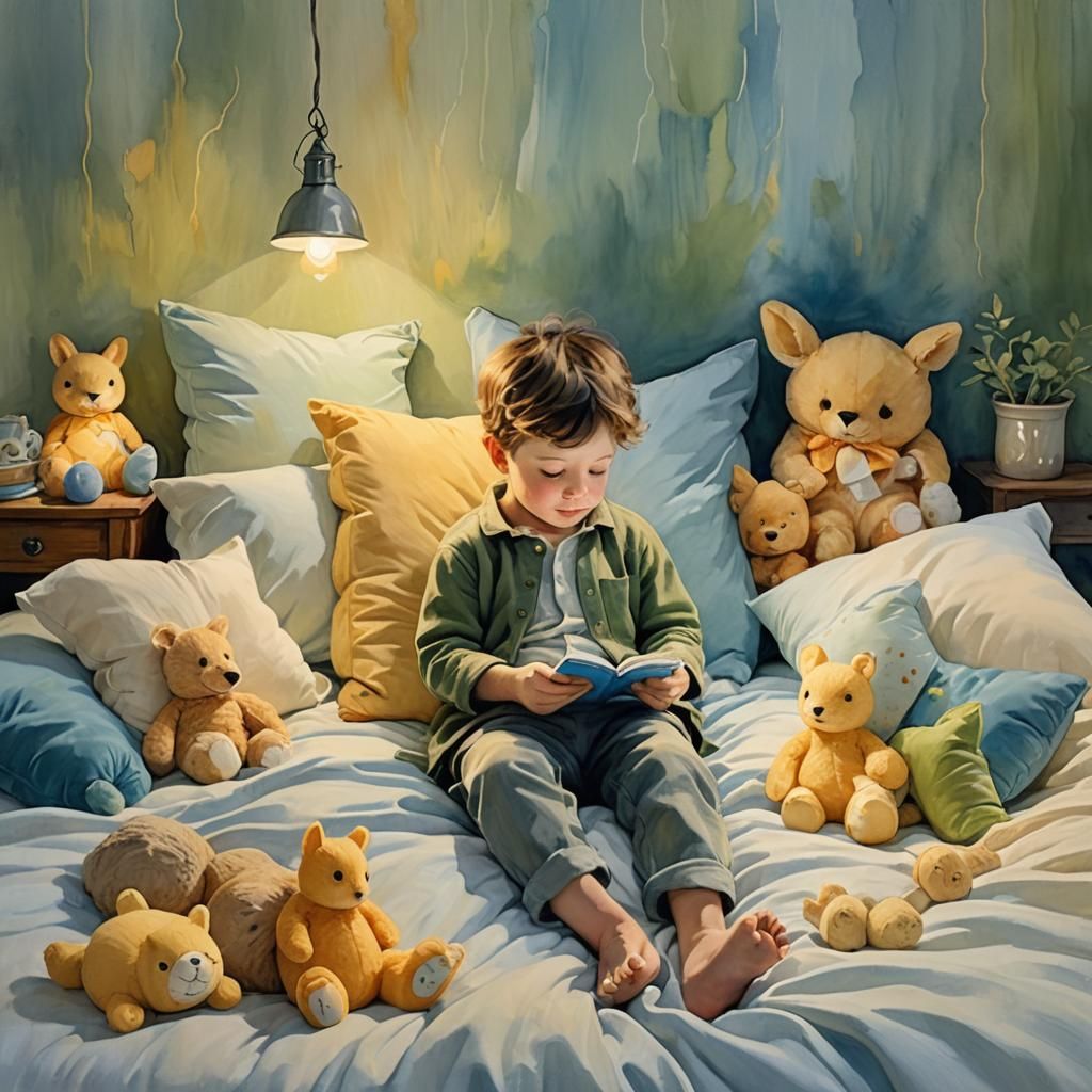 Whimsical Acrylic Art: Boy Playing in Bed