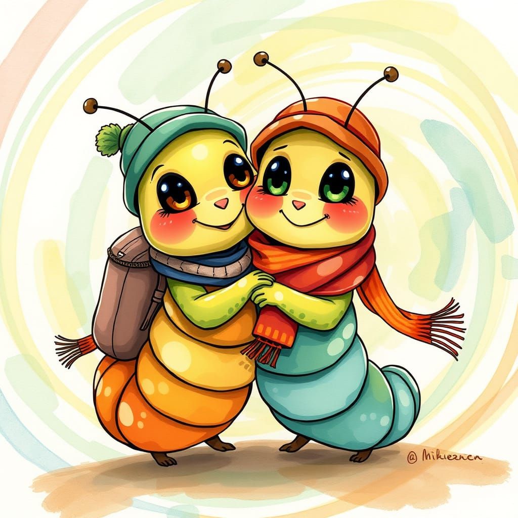 Caterpillars' Joyful Reunion in Whimsical Style