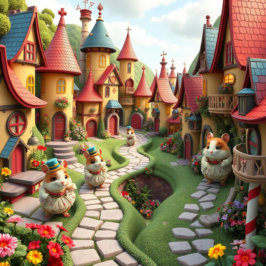 Steampunk Hamster Village in a Whimsical Cartoon World
