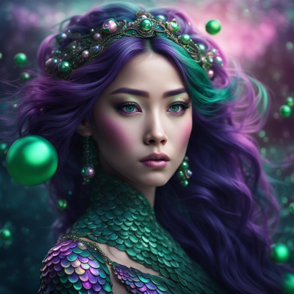 Asian Mermaid with Luminous Eyes and Emerald Scales