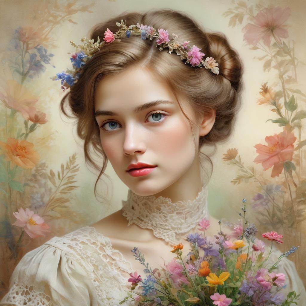 Crayon Art Portrait of Woman with Flowers