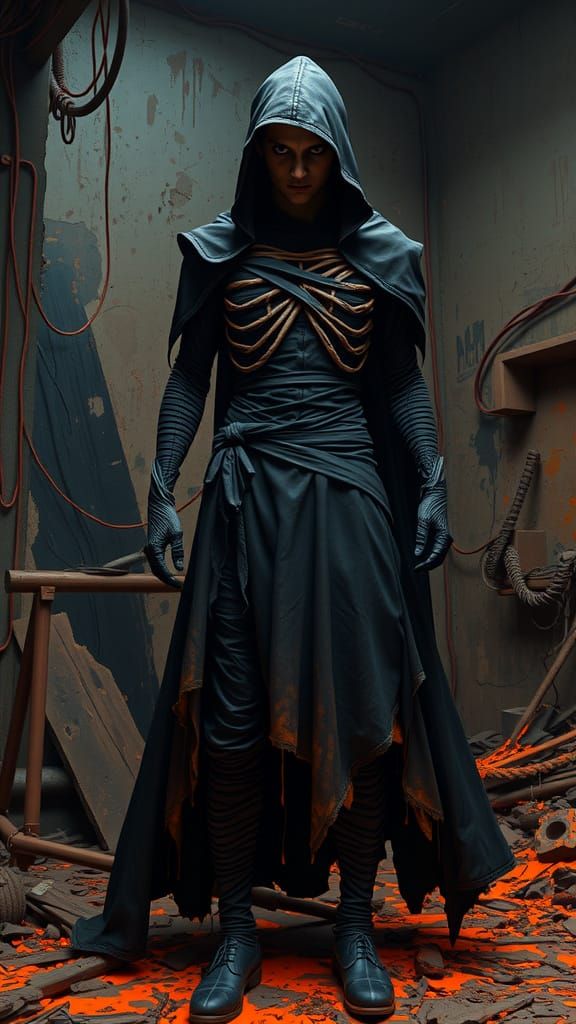 Dark, Twisted Figure in Decrepit, Filth-Infested Horror Scen...