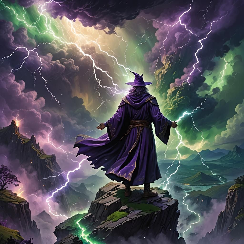 Epic Fantasy Wizard Summons Lightning on Cliff