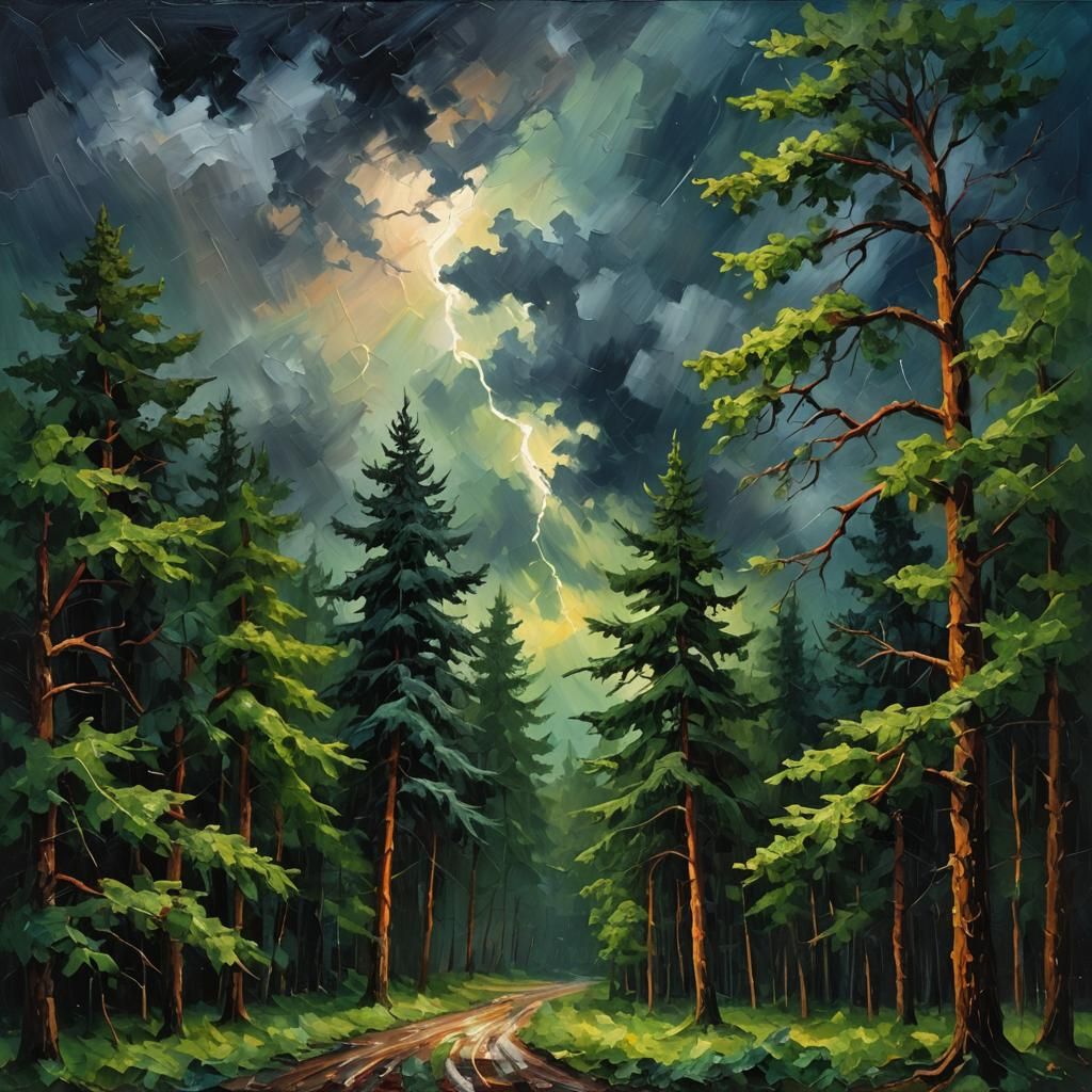 Impasto Forest Engulfed by Night Storm