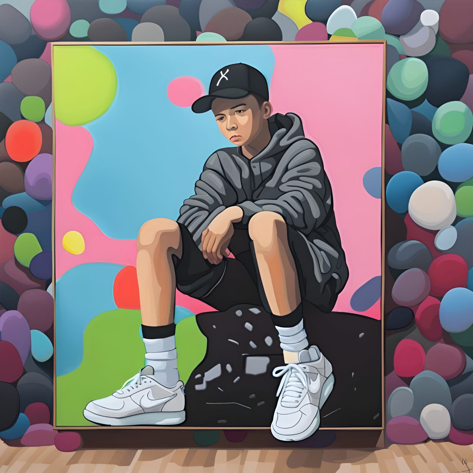 A painting of a teenage boy in Nike sneakers in the style of the artist kaws