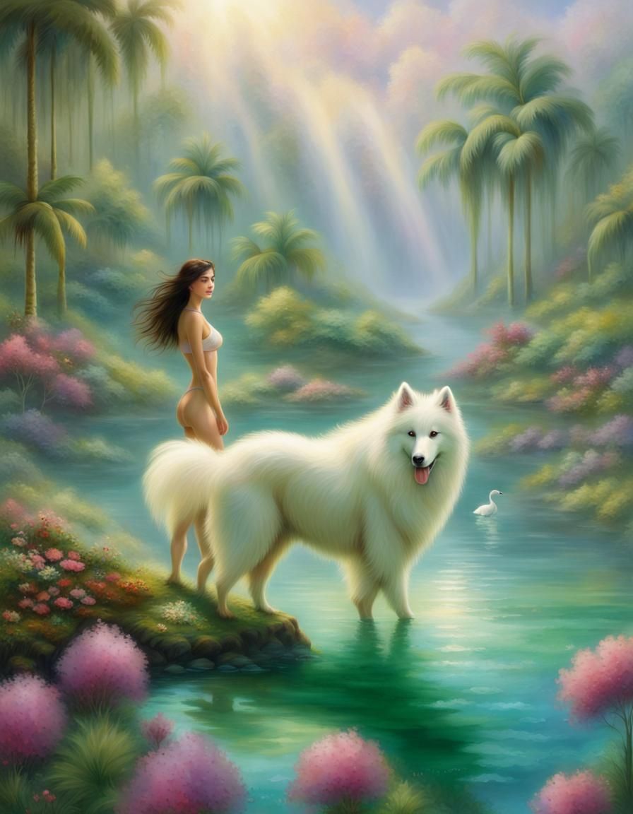 Samoyed and Brunette Swim in Tropical Paradise