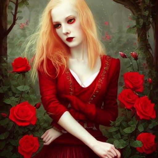 Girl in Red Surrounded by Roses, Digital Art