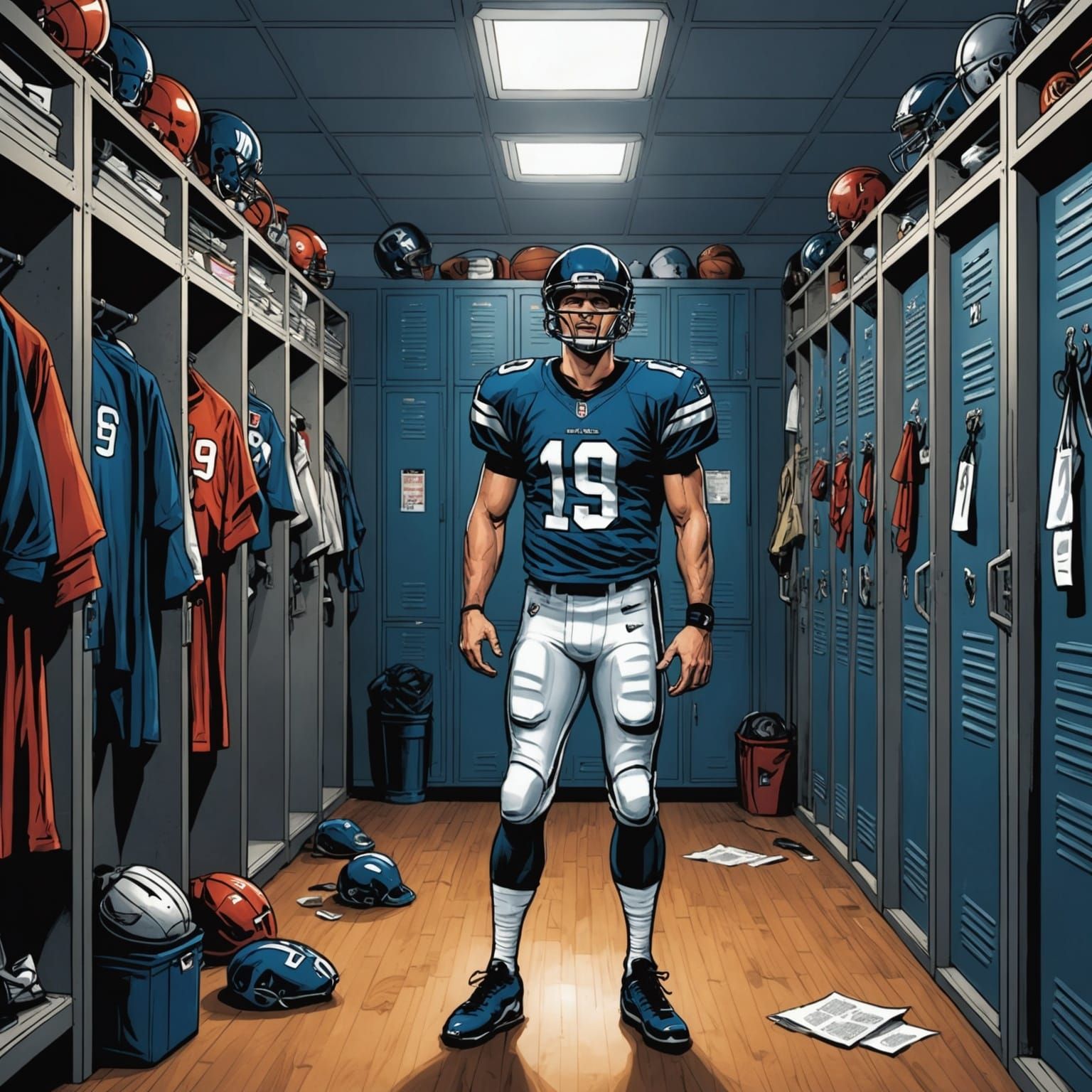 Quarterback in Locker Room: Comic Book Style Art