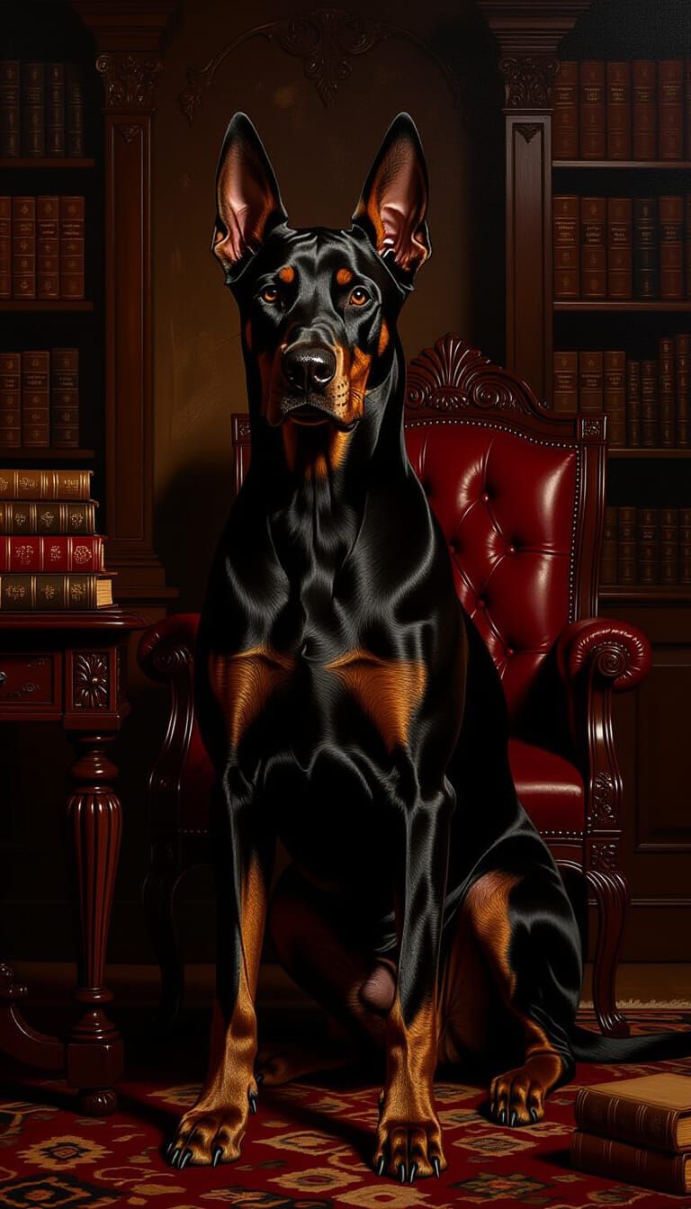 Powerful Dobermann in Gothic Study Oil Painting
