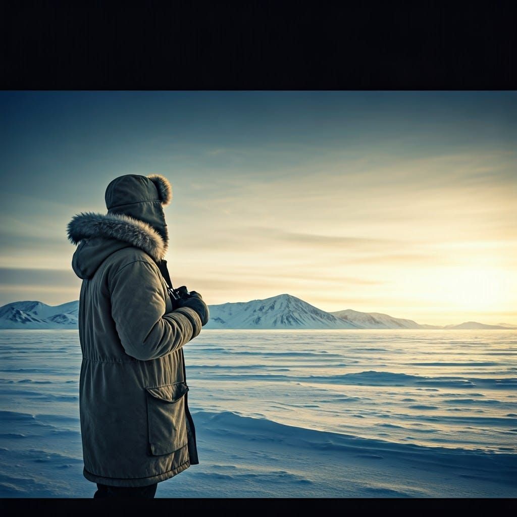 Contemplative Figure at Frozen Tundra Edge