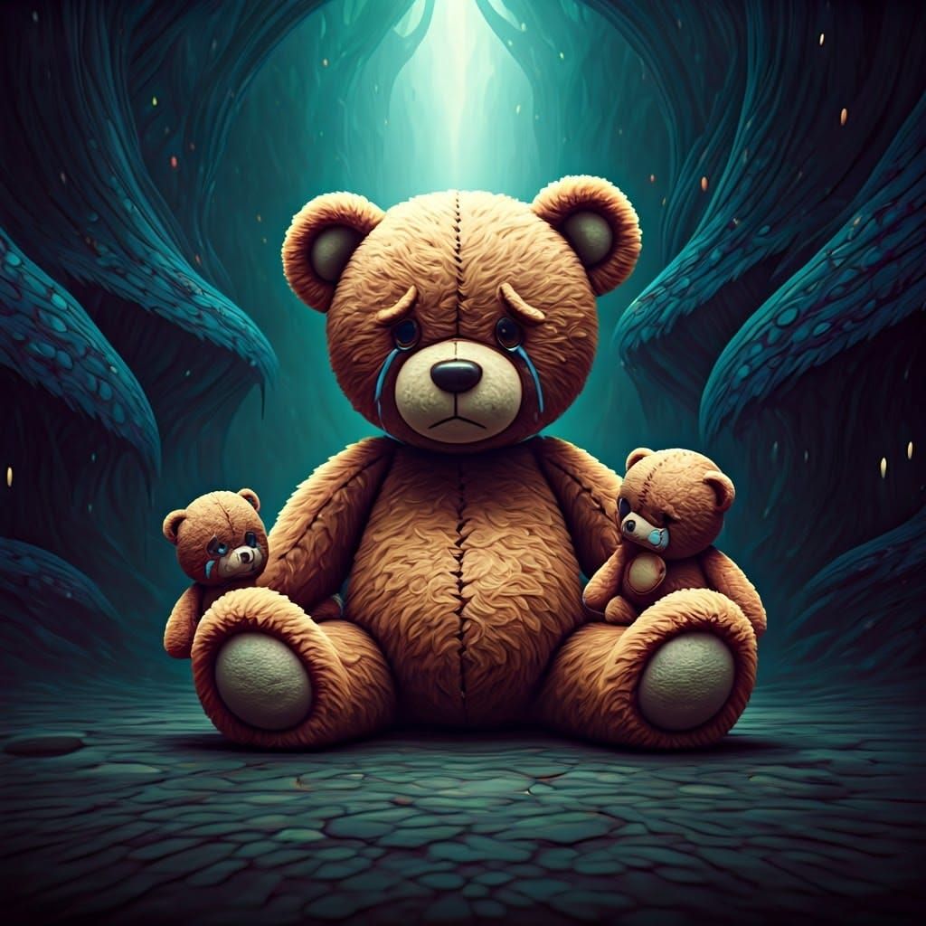 Teddy Bears in Despair Surrounding a Melancholic Companion