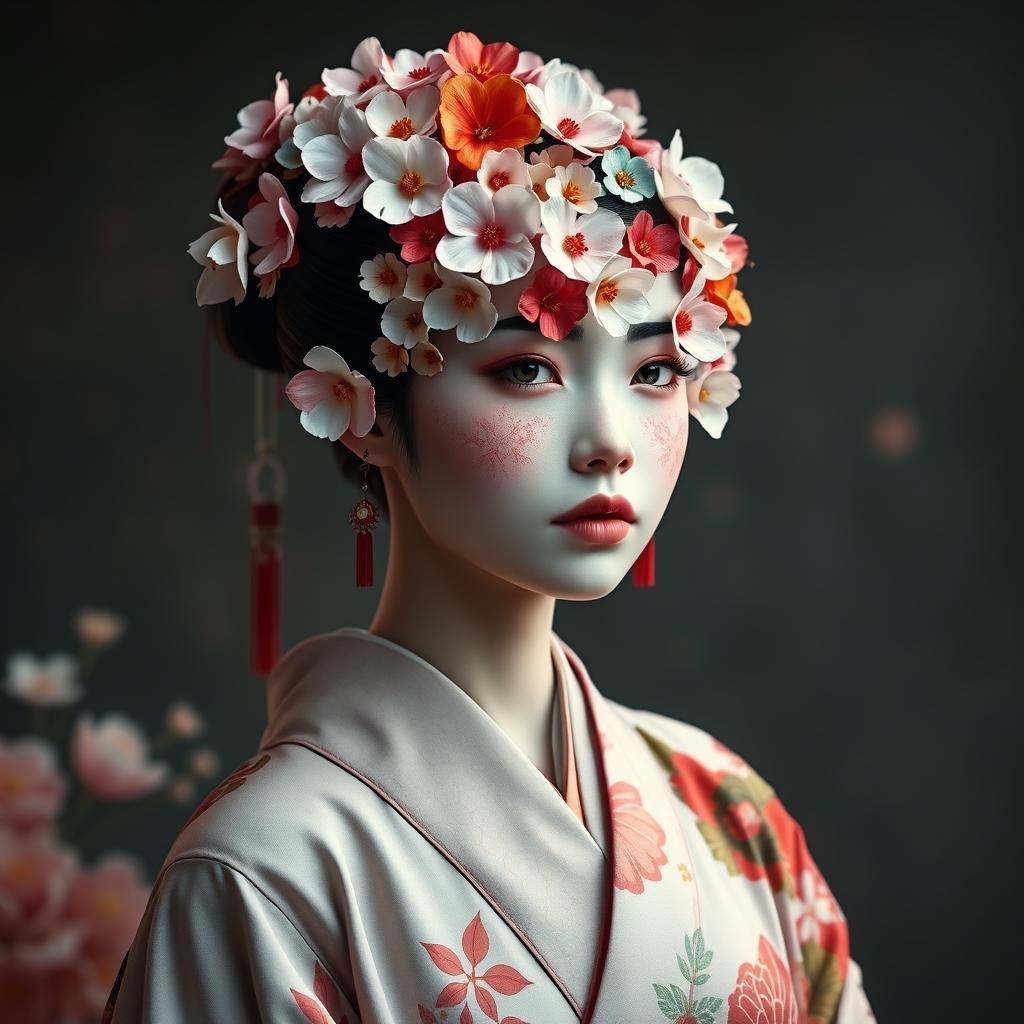 Geisha Face Covered in Flowers, Digital Art