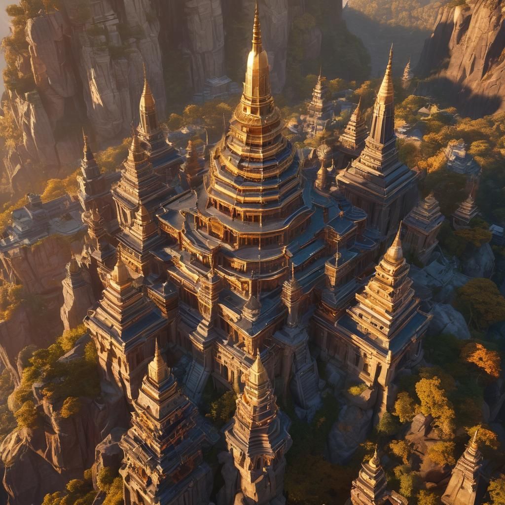 Futuristic Mountain Kingdom with Temples in Digital Art