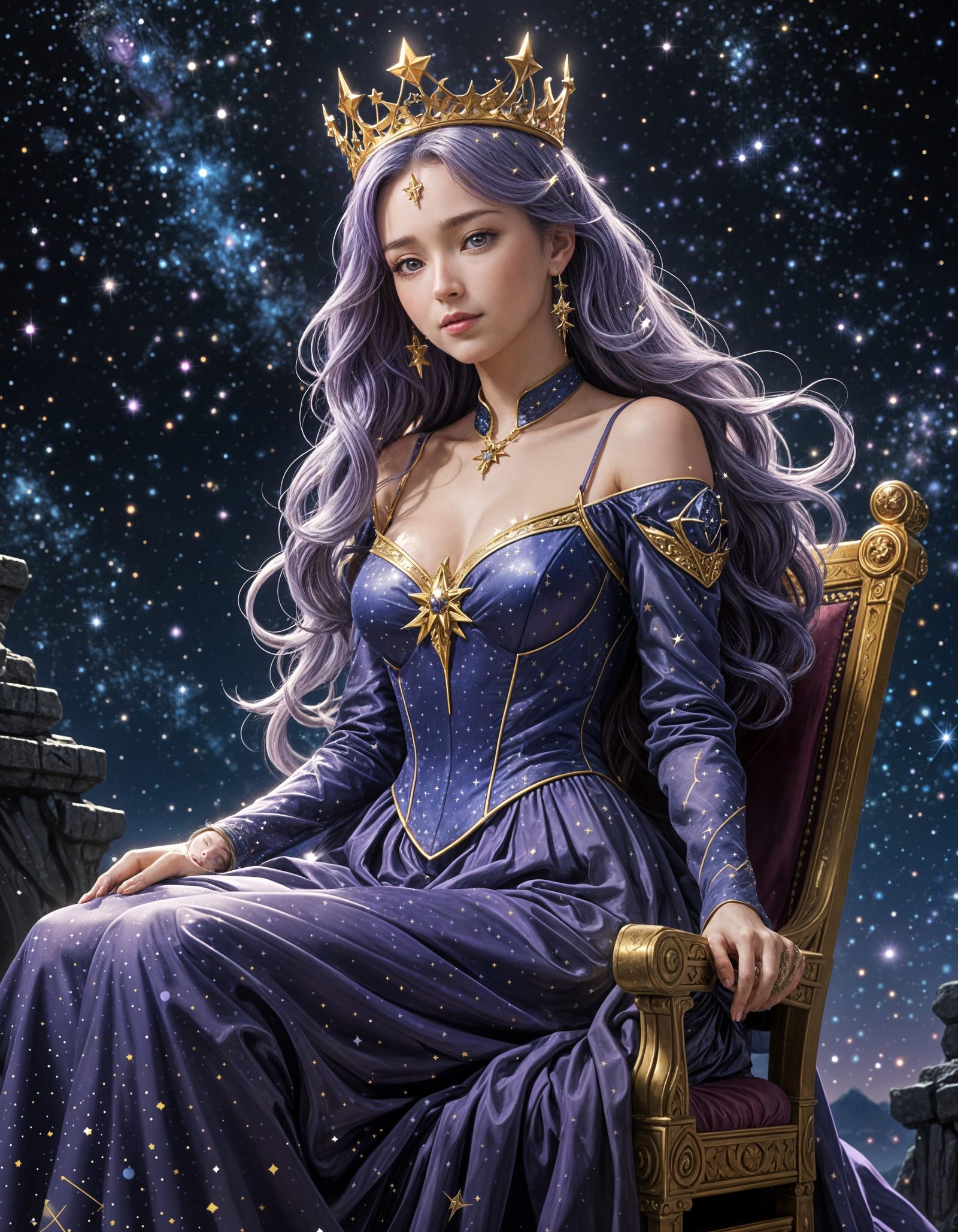 Anime Cassiopeia Personified as Queen in Cosmic Throne