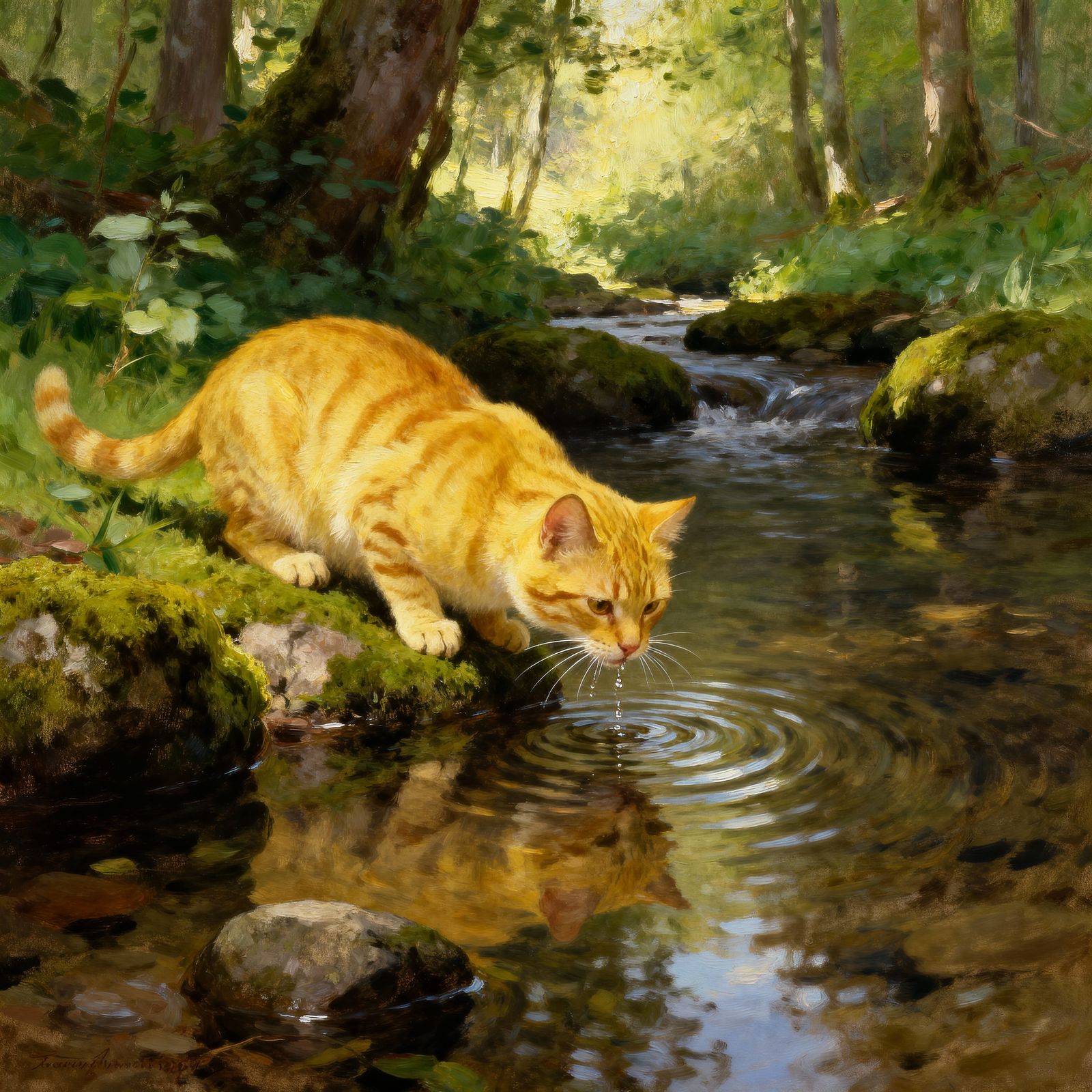 Tabby Cat Drinks From Forest Stream, Oil Painting