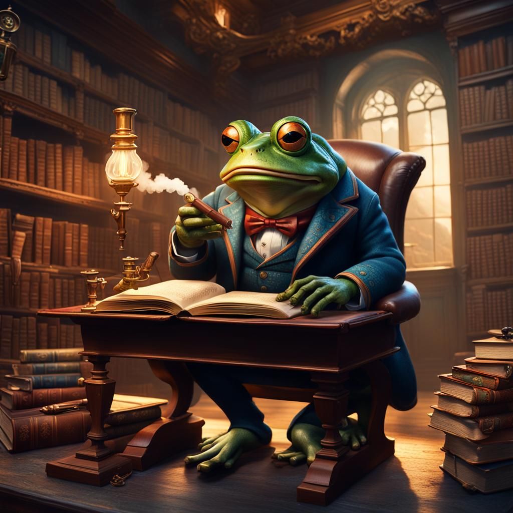 Wise Frog Reading a Book in his Study