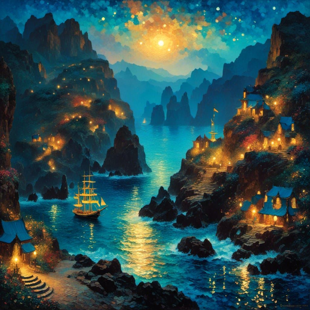Fantastical Pirate Cove in Neoimpressionist Oil Painting