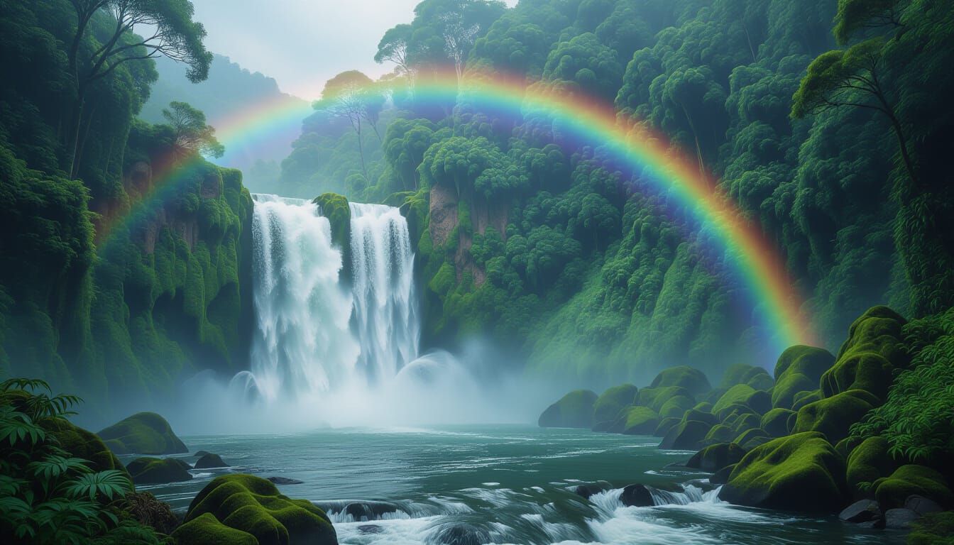 Atmospheric Waterfall Rainbow in Dense Rainforest Digital Pa...