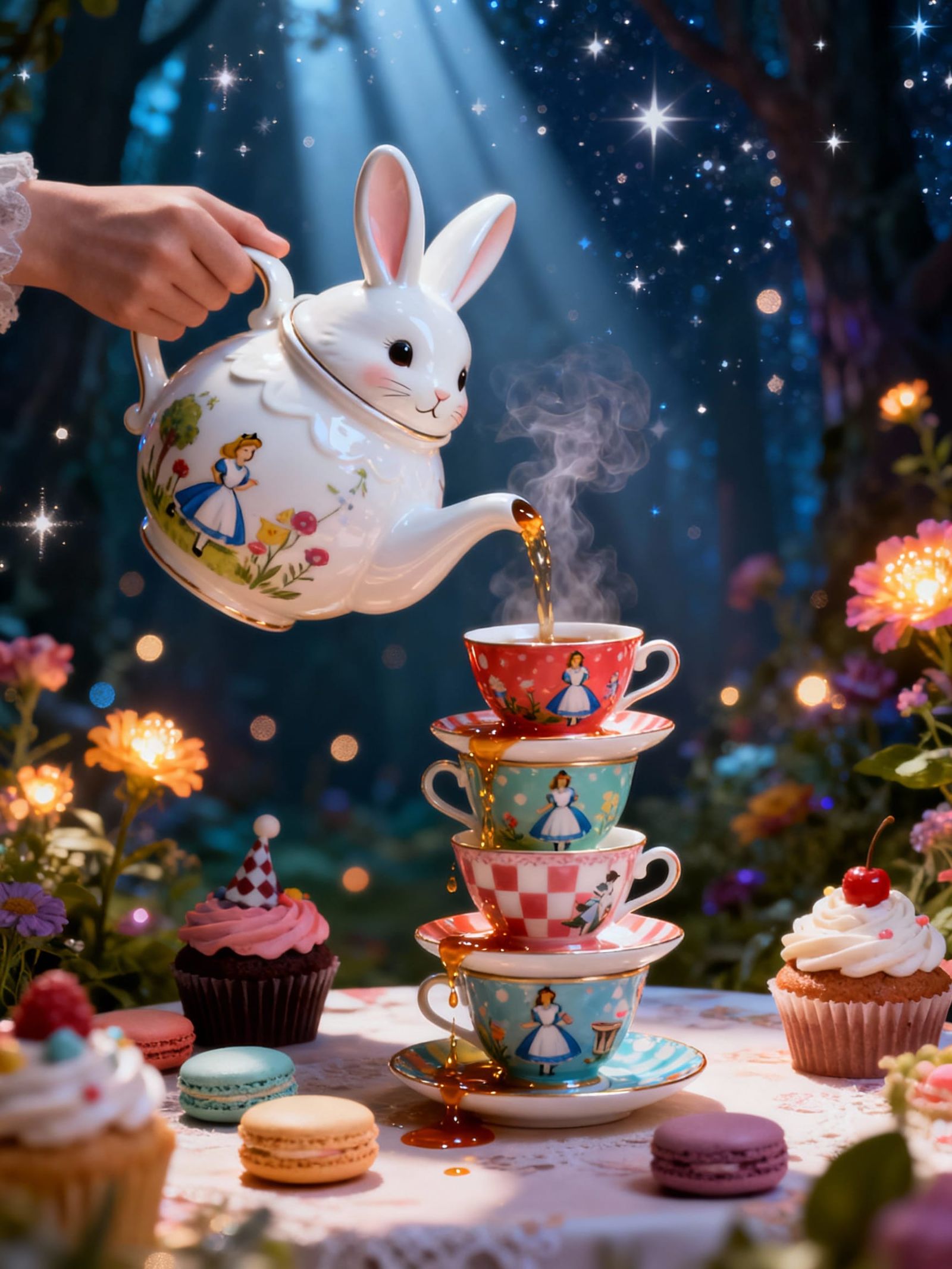 Bunny Teapot Pours Tea Into Stacked Alice in Wonderland Cups