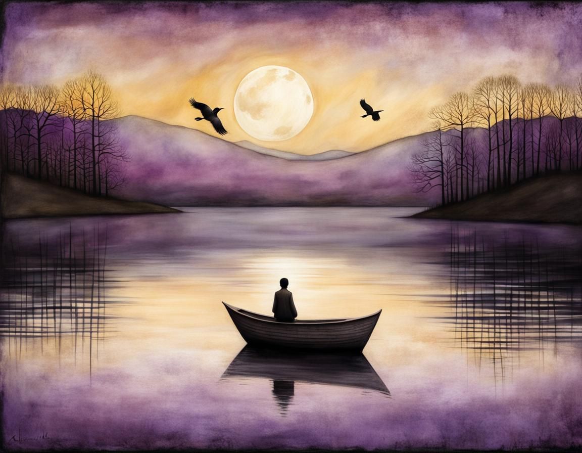 Bird Over Lake at Dawn in Purple Hues