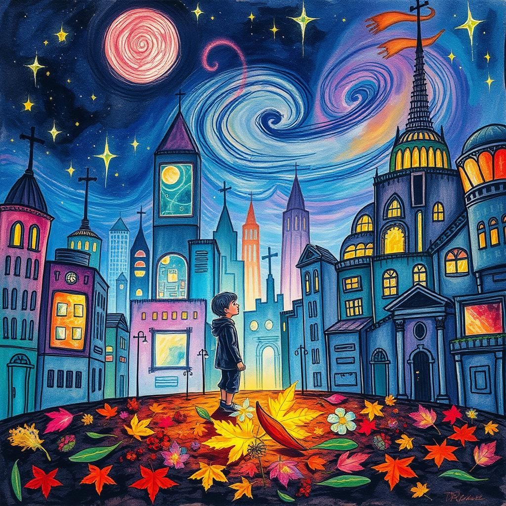 Dreamlike Cityscape in Naive Crayon-Drawn Style