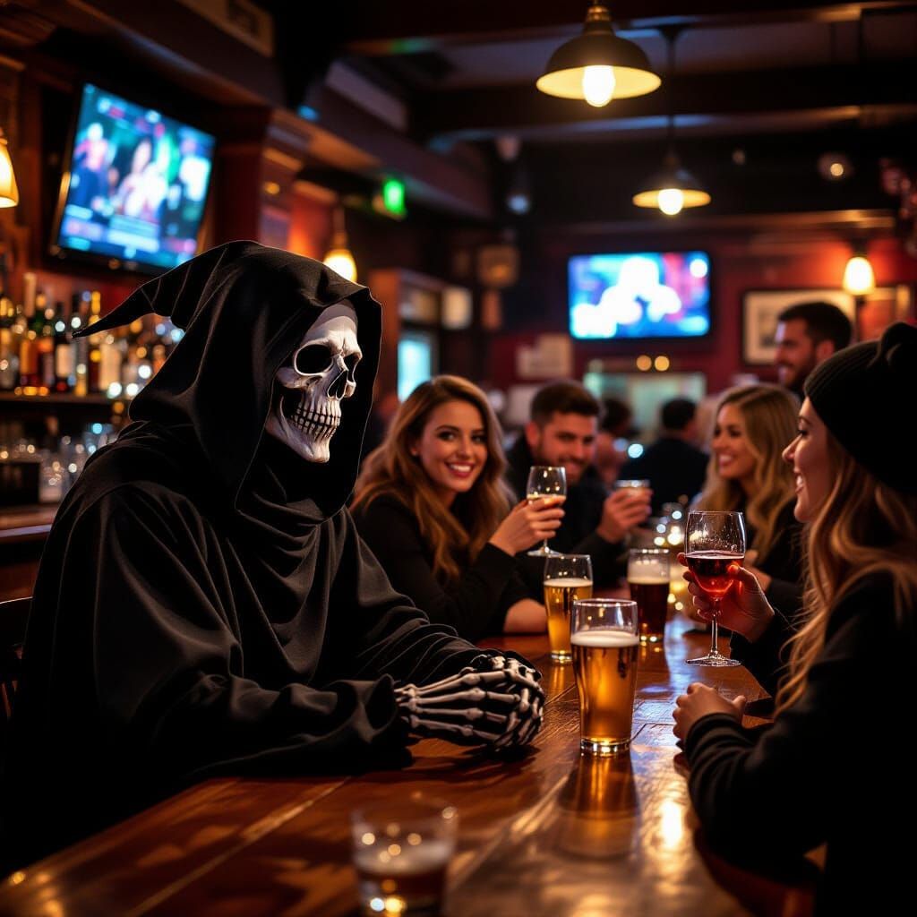 Grim Reaper Observes New Year's Eve Bar Celebration