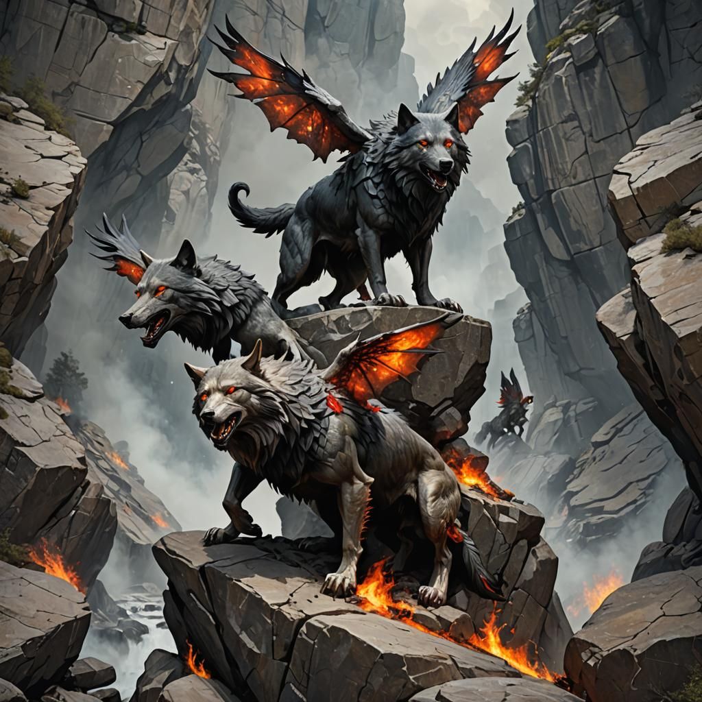 Two-Headed Fire Wolf on Rocky Cliff