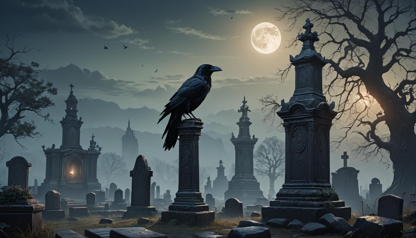 Raven on Tombstone: Detailed Matte Painting