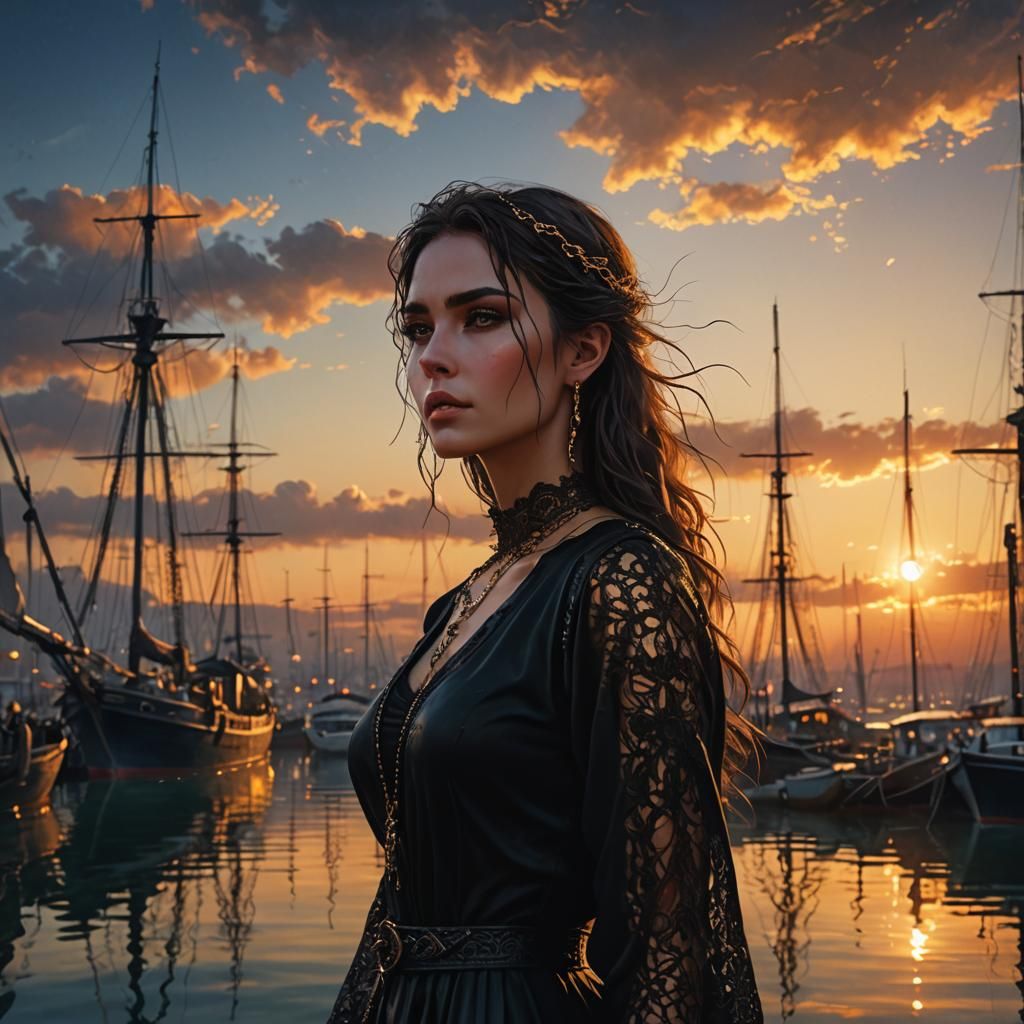 Brunette Woman in Harbor: Fantasy Digital Painting