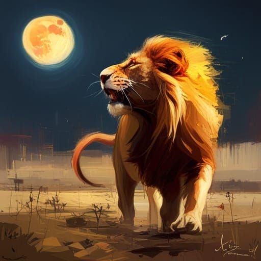 Majestic Lion in Savannah Moonlight: Colorful Fine Art
