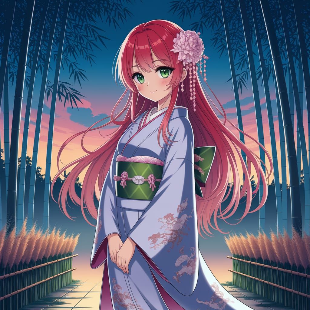 Anime Woman in Bamboo Forest at Twilight