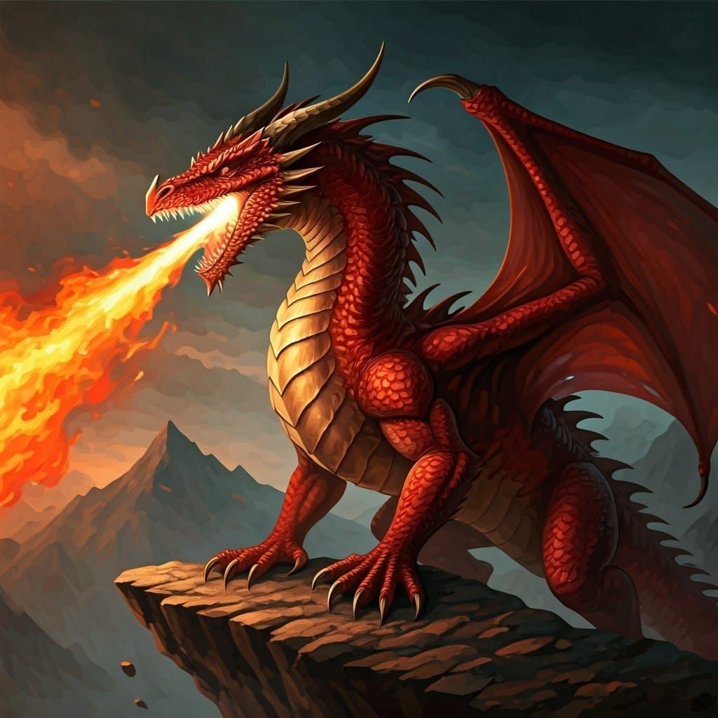 Magnificent Red Dragon Breaths Fire, Oil Painting