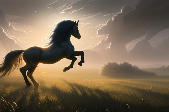 Galloping Horse at Sunrise in Dark Fantasy Style