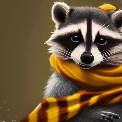 Raccoon in Hufflepuff Scarf: Detailed Matte Painting