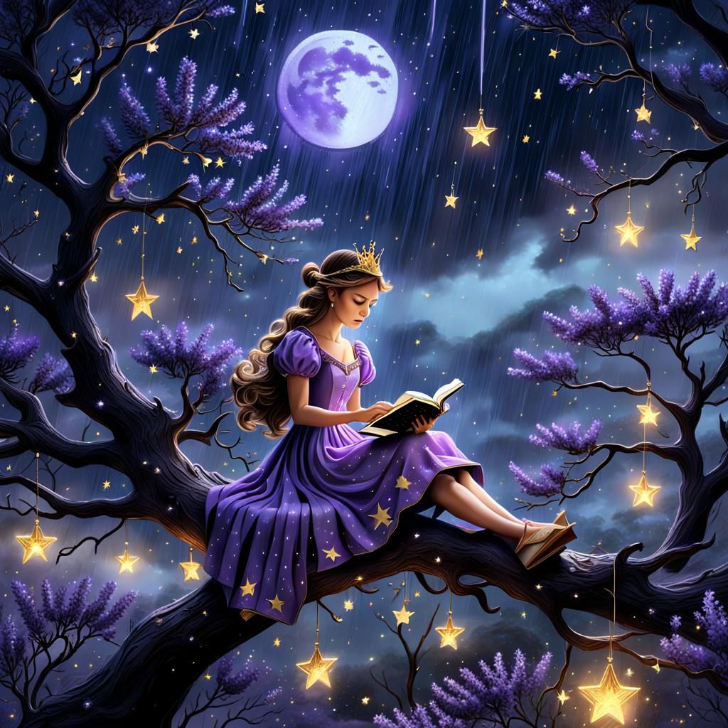 Princess Reading Book Among Stars, Fantasy Art