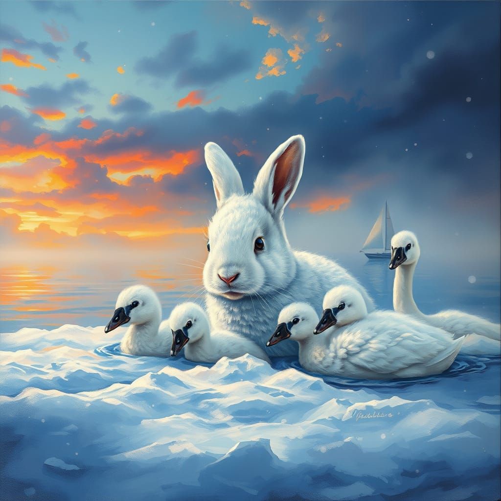 Winter Wonderland with Swans and Snowy Bunny