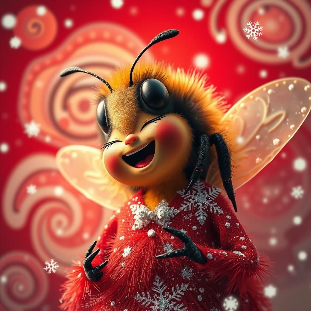 Whimsical Bee Angel in Surrealist Snowy Scene