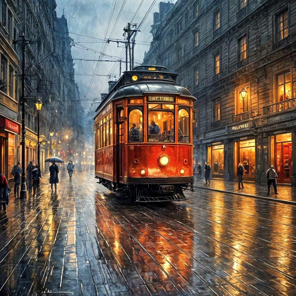 Red Tram in Rainy Night, Watercolor Painting