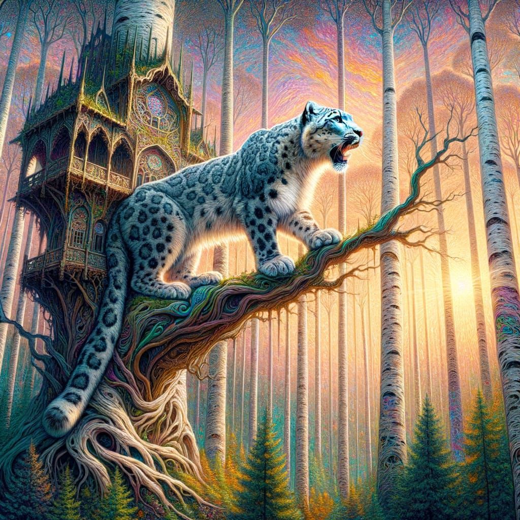 Gothic Snow Leopard Amidst Radiant Birch Trees in Art Nouvea...