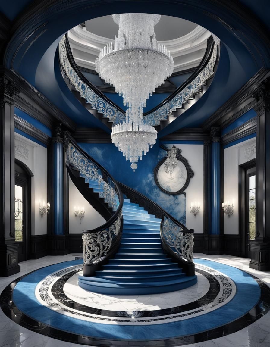 Optical Illusion: Marble Spiral Staircase with Chandeliers