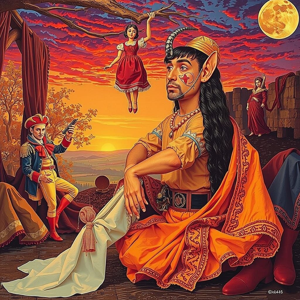 Mythical Chimaera & Matador in Surreal Life Cycle Scene