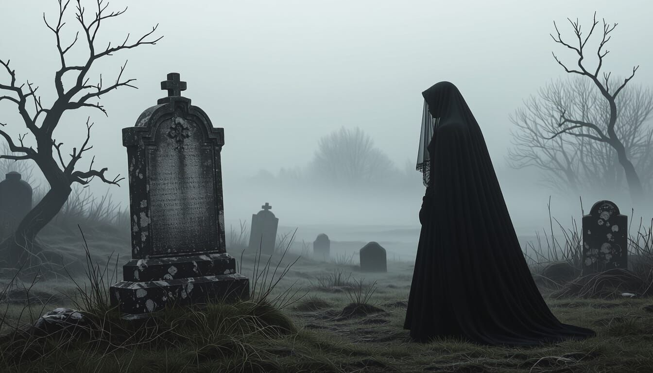 Victorian Woman in Black: Gothic Graveyard Scene