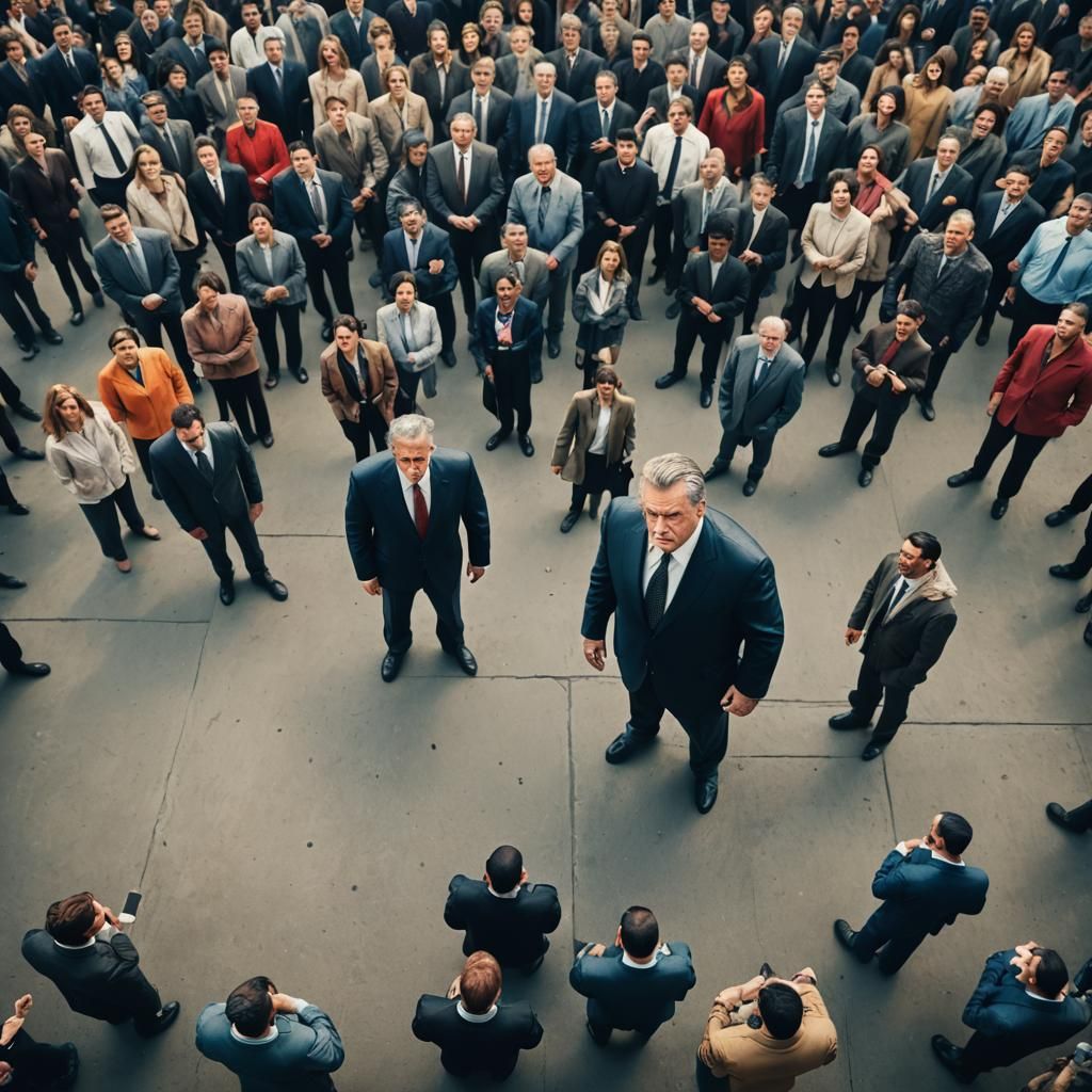 Dramatic Cinematic Shot of CEO Over Crowd