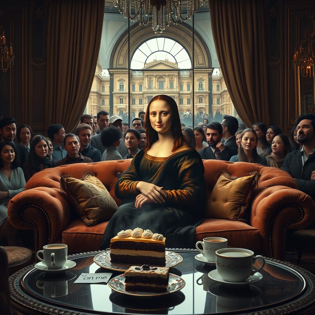 Mona Lisa in Living Room, Hyperrealistic Cinematic Scene